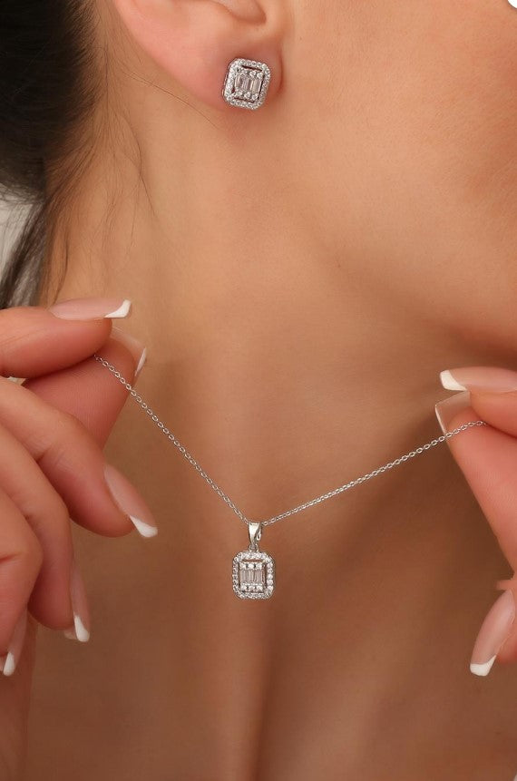 Baget Yüzük + Kolye + Bileklik + Küpe Set 925 ayar Gümüş