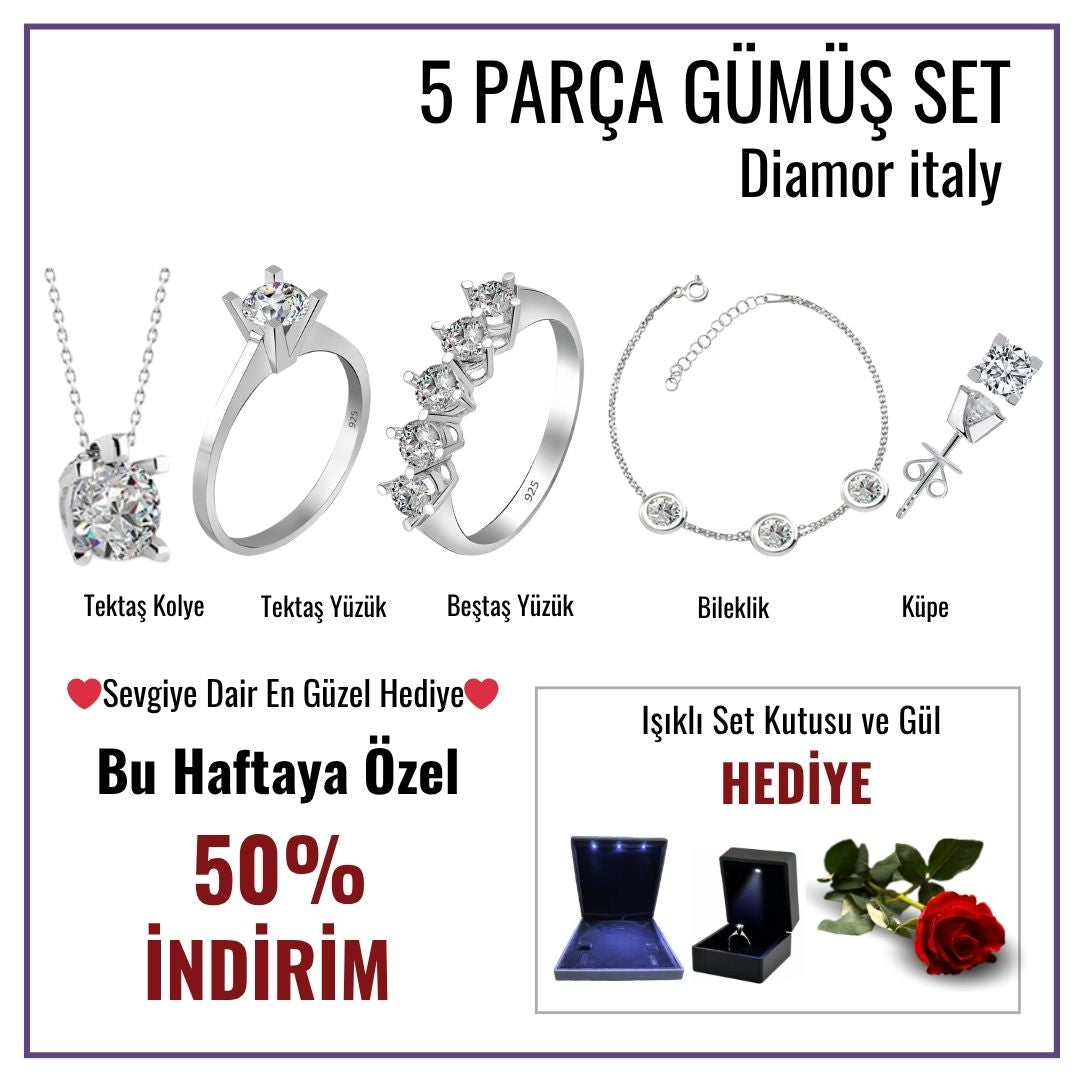 5 li Gümüş Set 925 Ayar Gümüş + Sevgililer günü, Doğum günü, Nişan, Düğün, Anneler günü,  Özel günler
