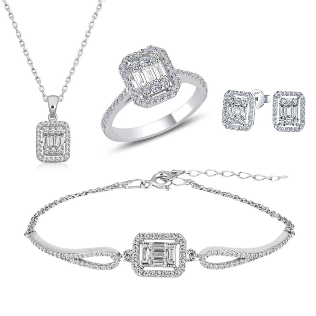 Baget Yüzük + Kolye + Bileklik + Küpe Set 925 ayar Gümüş